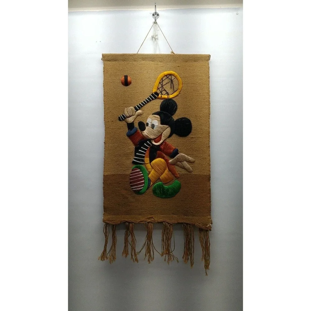 MICKEY MOUSE Woven Burlap Vintage‎ Wall Hanging Tapestry Embroidery Plays Tennis